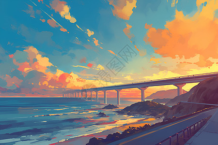 日落的桥与海图片
