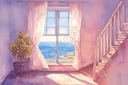 窗外海景的水彩室内图片