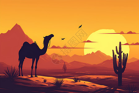 落日沙漠中的骆驼图片
