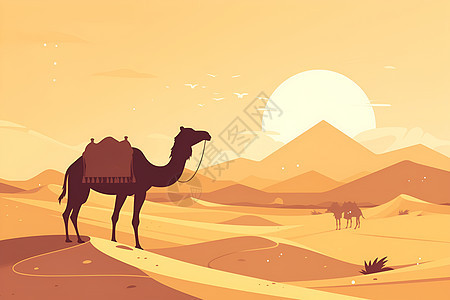 日落下的沙漠沙丘和骆驼图片