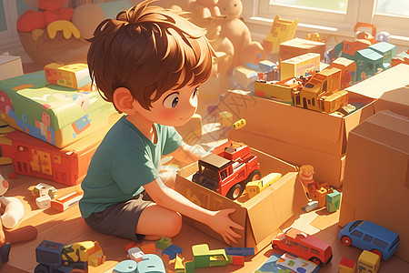 一个男孩在整理玩具图片