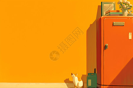 房间橙色的冰箱和猫图片