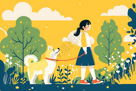 草坪上的小女孩和狗图片