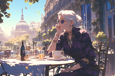 优雅紫裙老夫人品味下午茶图片