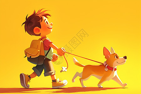 小男孩牵着狗在散步图片