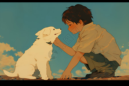男孩与白色狗在草地上=图片