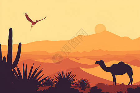 沙丘仙人掌和日落下的骆驼图片