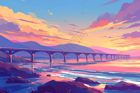 夕阳下的海上大桥图片