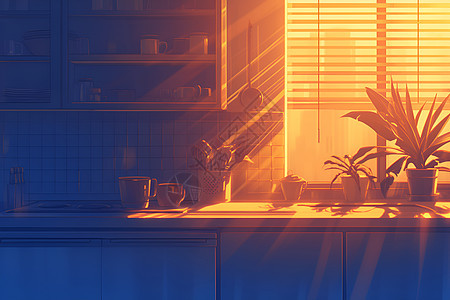 阳光照亮的厨房景色图片