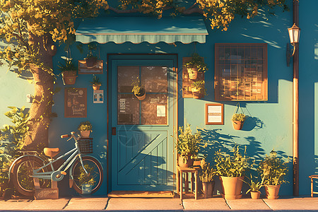 自行车和蓝色建筑图片