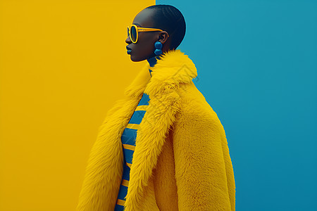 时尚女人在黄蓝撞色背景前图片
