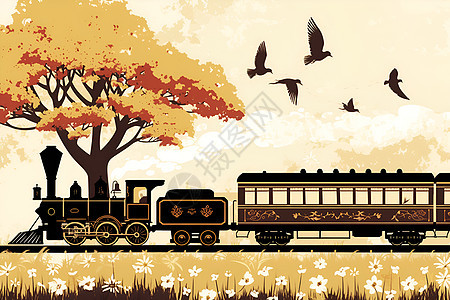 梦幻列车鸟穿过树林图片