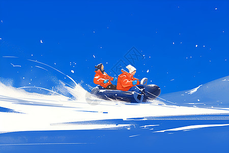 雪山上乘坐滑雪板的两人图片
