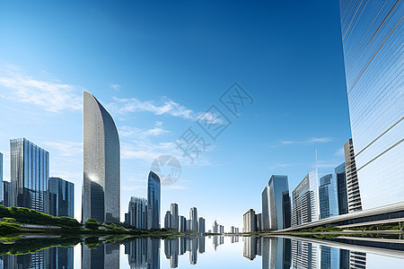 现代高楼耸立于水畔边图片