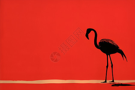 红色背景中一只黑白鹤图片