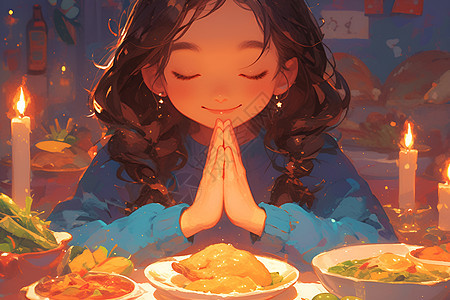 祈祷中的可爱女孩与美食图片