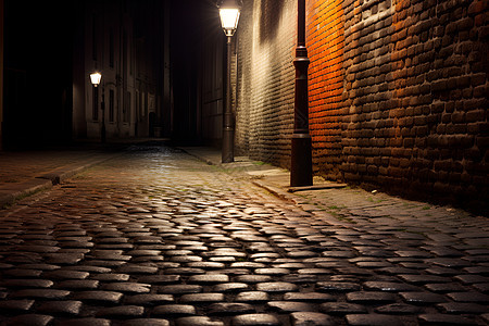 夜晚的黑砖石街道图片