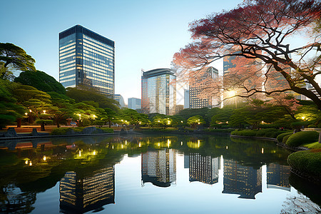 城市夜景下的池塘图片