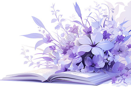书放在紫色花朵旁边图片