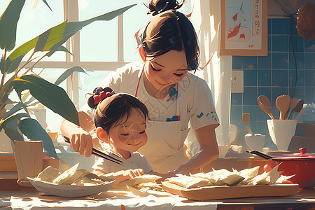 温馨的母女共同制作粽子图片