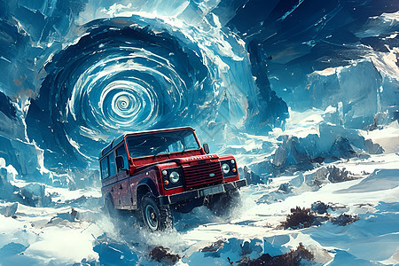 冰雪漩涡中的红色吉普车图片