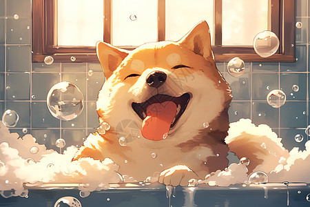 浴缸中泡澡的小狗图片