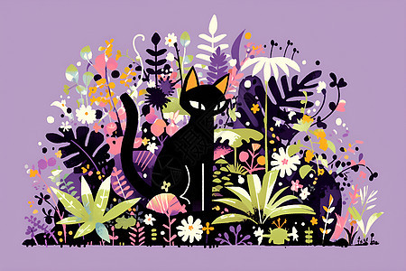 一只黑猫在花丛中图片