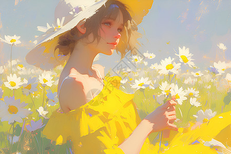 戴着帽子的黄裙少女在花海中图片