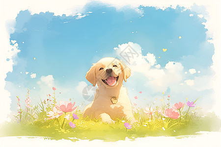 欢乐小狗在绿草地上图片