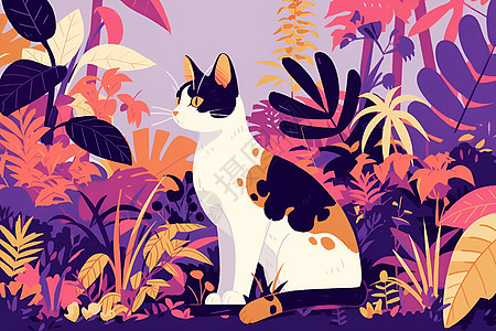 紫色花丛中的猫咪图片