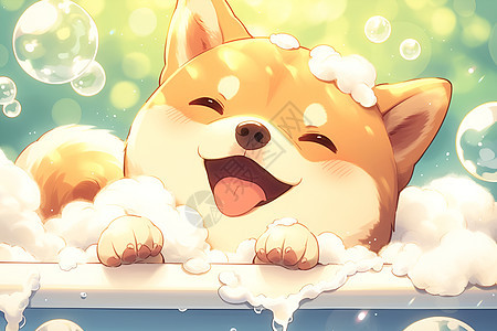 柴犬在浴缸中享受泡泡浴图片