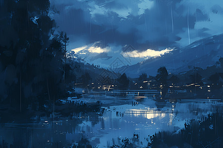 傍晚时分下雨的湖畔图片