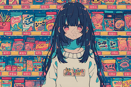 女孩穿着毛衣站在零食货架前图片