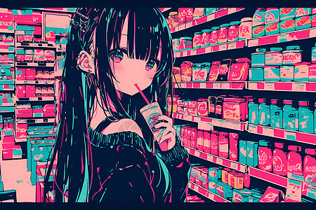 少女在五彩斑斓的零食货架前图片
