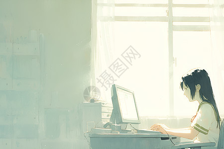 女孩在窗边使用电脑图片