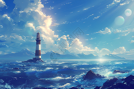 巍峨的灯塔矗立在大海中图片