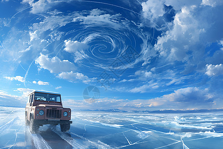 蓝天冰川上的越野车图片