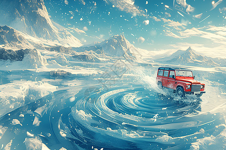 冰川漩涡里的越野车图片