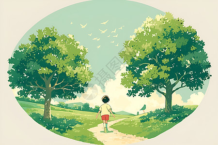 森林小路上漫步的少年图片