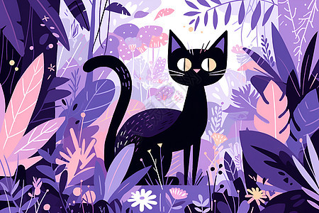 紫色背景中的黑猫图片