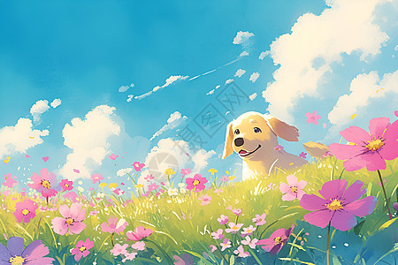 欢乐小狗与花海天空图片