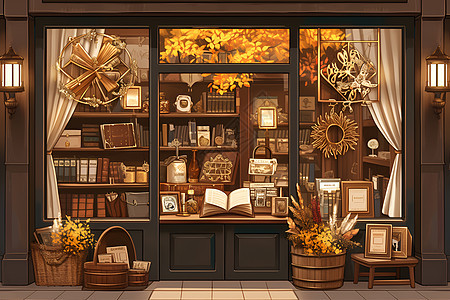 秋日书店的橱窗展图片