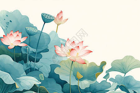 莲花与叶子的清新插画图片