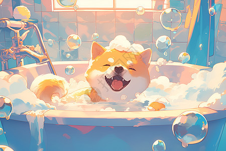 浴缸中洗澡的柴犬图片