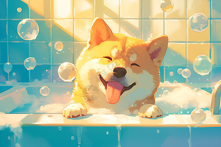 浴缸中的可爱柴犬图片