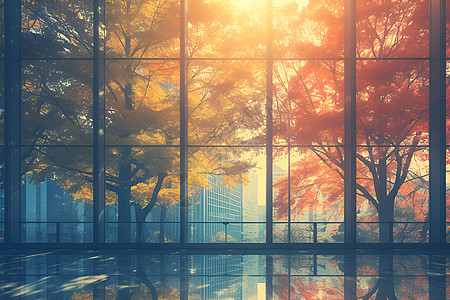 窗中倒映的秋叶景色图片