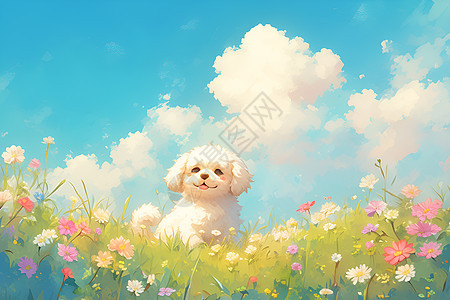 蓝天白云下的小狗图片