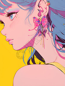 蓝发女郎戴着蝴蝶耳环图片