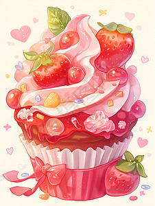 绚丽多彩的草莓杯蛋糕图片
