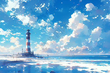 蓝天白云下的海边灯塔图片
